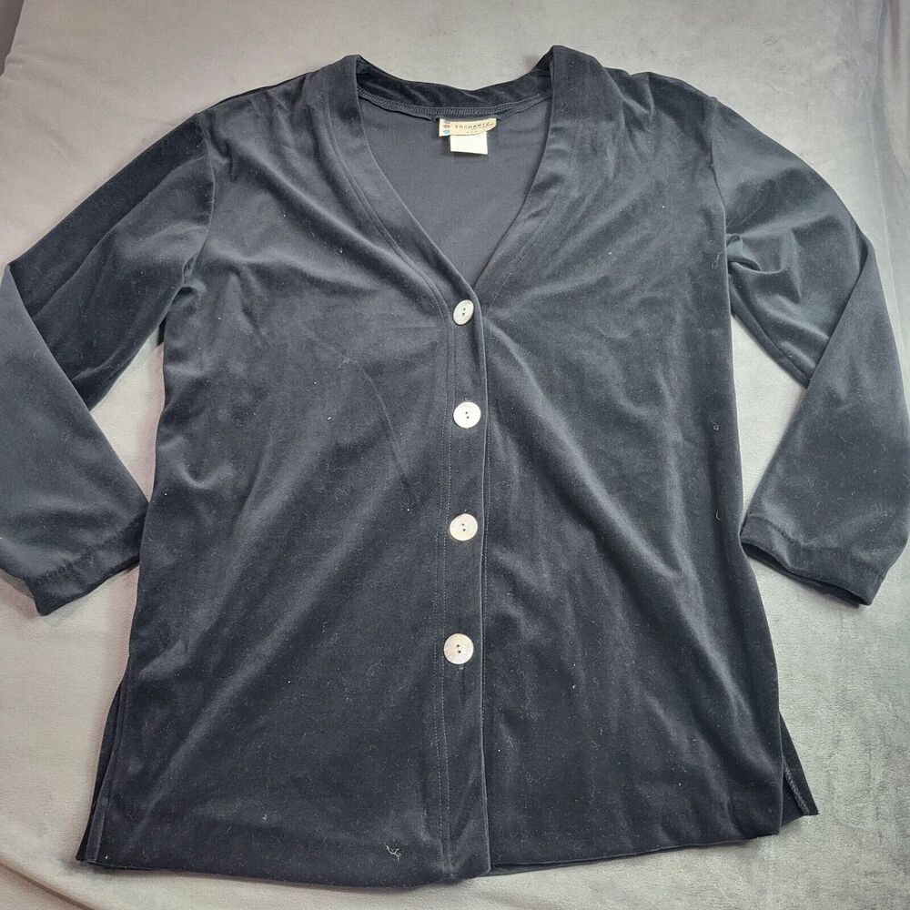 Enchante Jacket Womens Size Medium Sweater Blouse Black Velvet Mother Pearl Snap